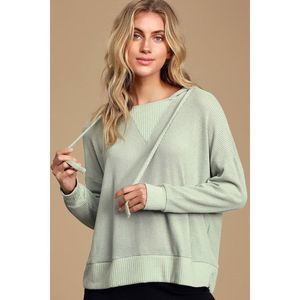 Lulus Getting Warmer Sage Green Knit Hooded Sweater Top - Size S